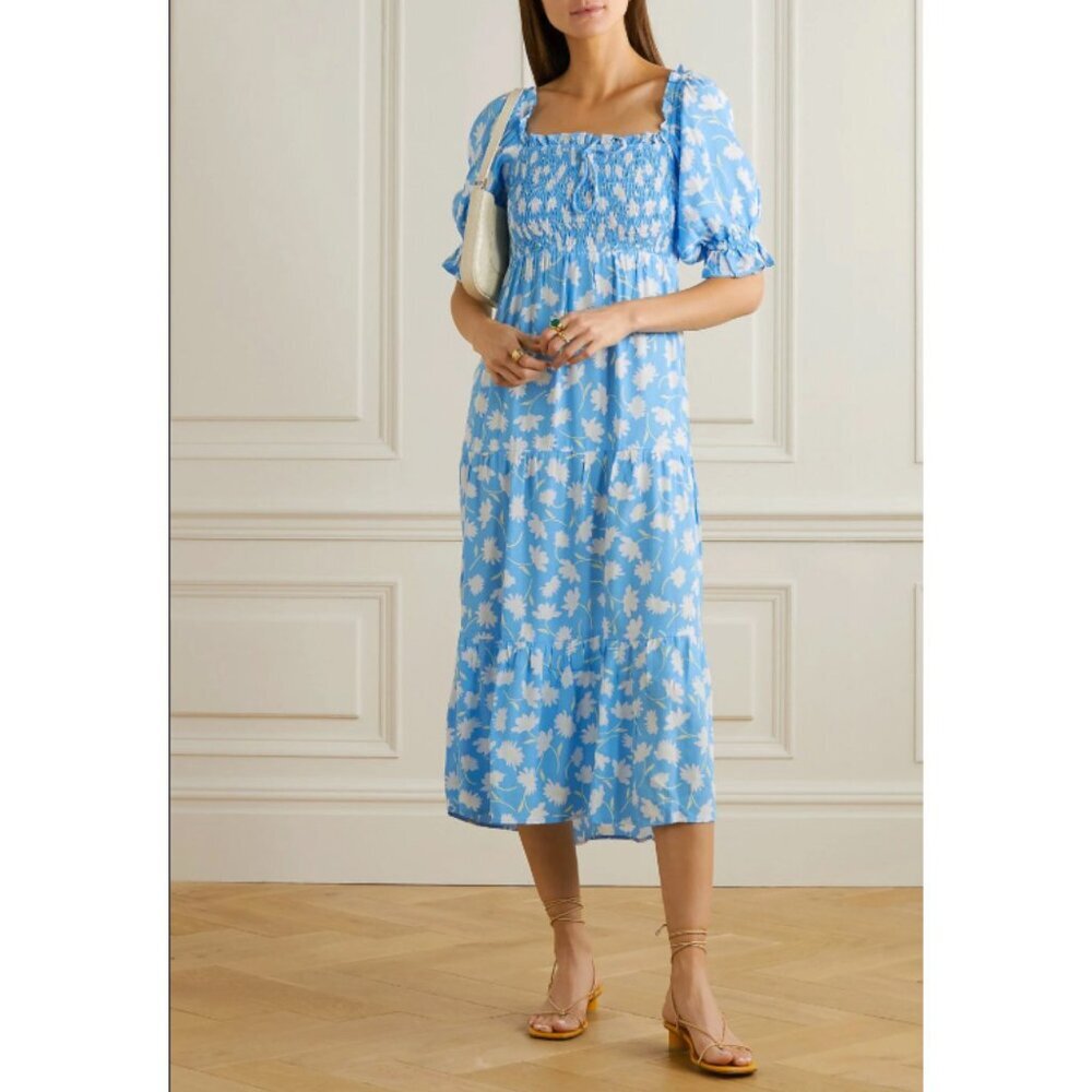 New Faithfull Olinda Shirred Floral Crepe Nap Dress Blue 8 $225
